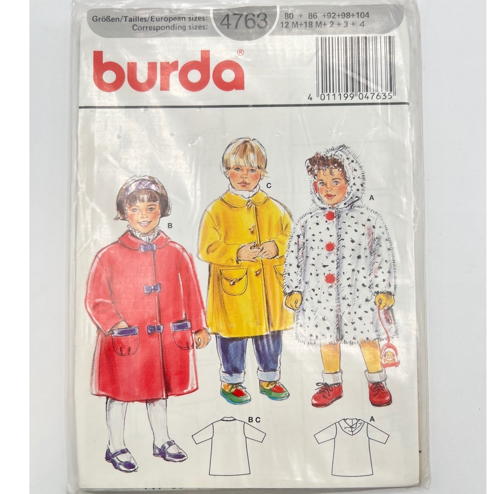 Burda Sewing Pattern 4763 Childrens Coat Jacket w/ Hood Size 80-104 Uncut‎